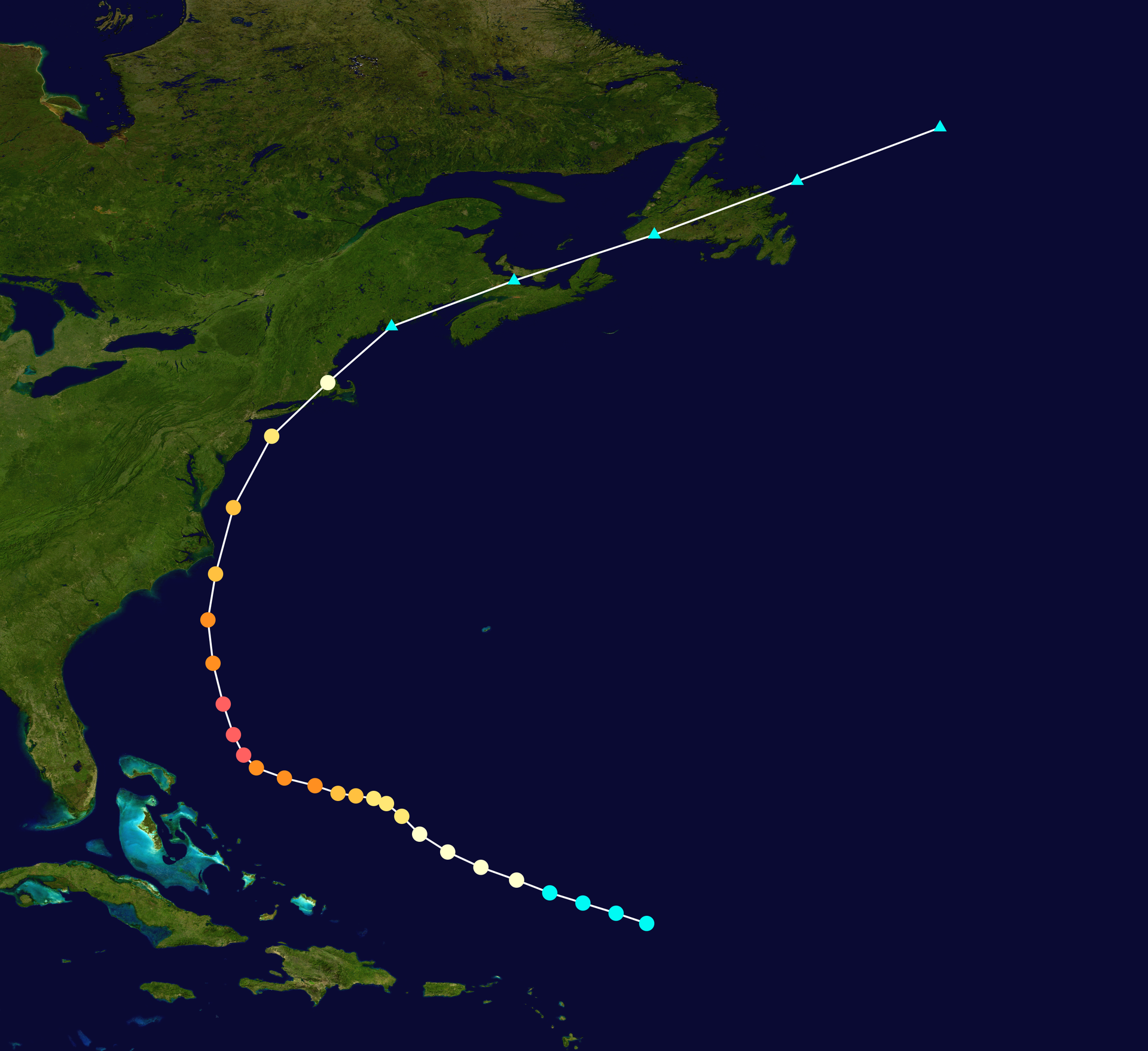 Map plotting the storm's track and intensity, according to the Saffir–Simpson scale