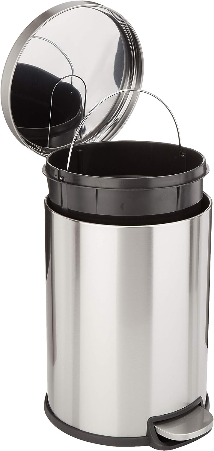 Amazon Basics Round Cylindrical Trash Can With Soft-Close Foot Pedal, 20 Liter/5.3 Gallon, Brushed Stainless Steel