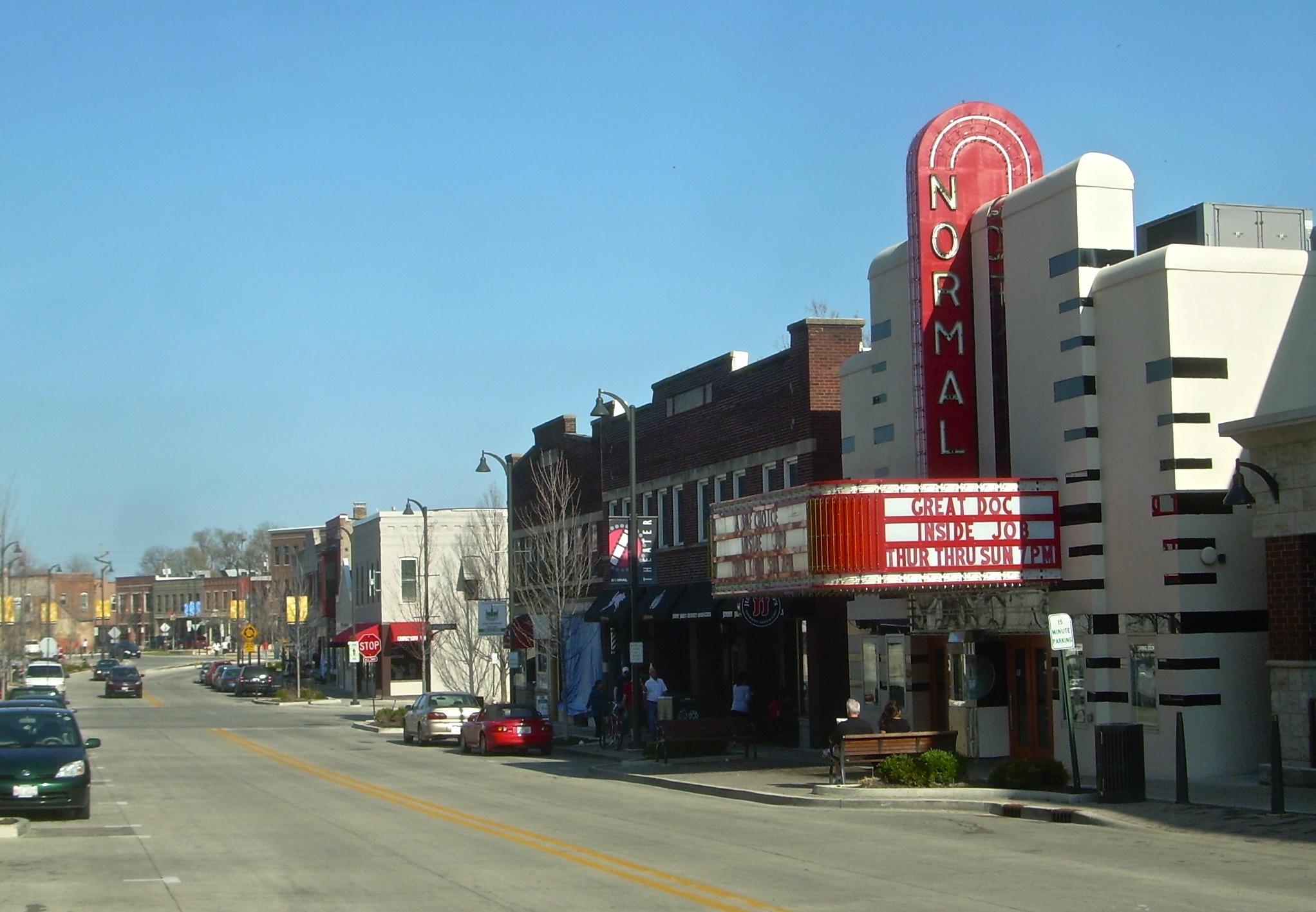 main street with movie theater in small town Normal, Illinois