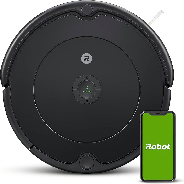 iRobot Roomba 694 Robot Vacuum and phone with app on white background