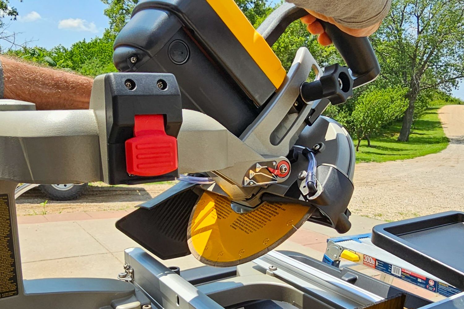 The DeWalt 10-inch wet tile saw set up to cut at a 45-degree angle