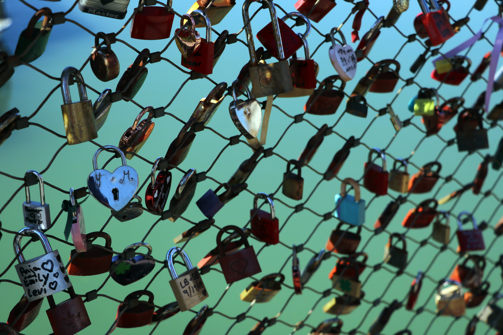 Many hanging iron locks on the fence from the newlyweds