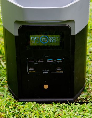 A close-up of the USB ports and display screen of the EcoFlow Delta Max 2 solar generator