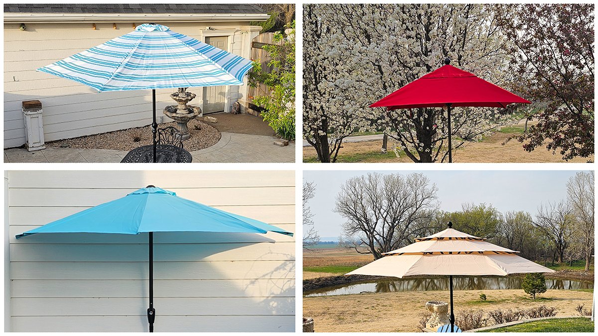 highest quality patio umbrella Wooden 13ft 8-Rib with Weighted Base assisted crank opens and closes the umbrella SUPERJARE 13FT Outdoor Umbrella for