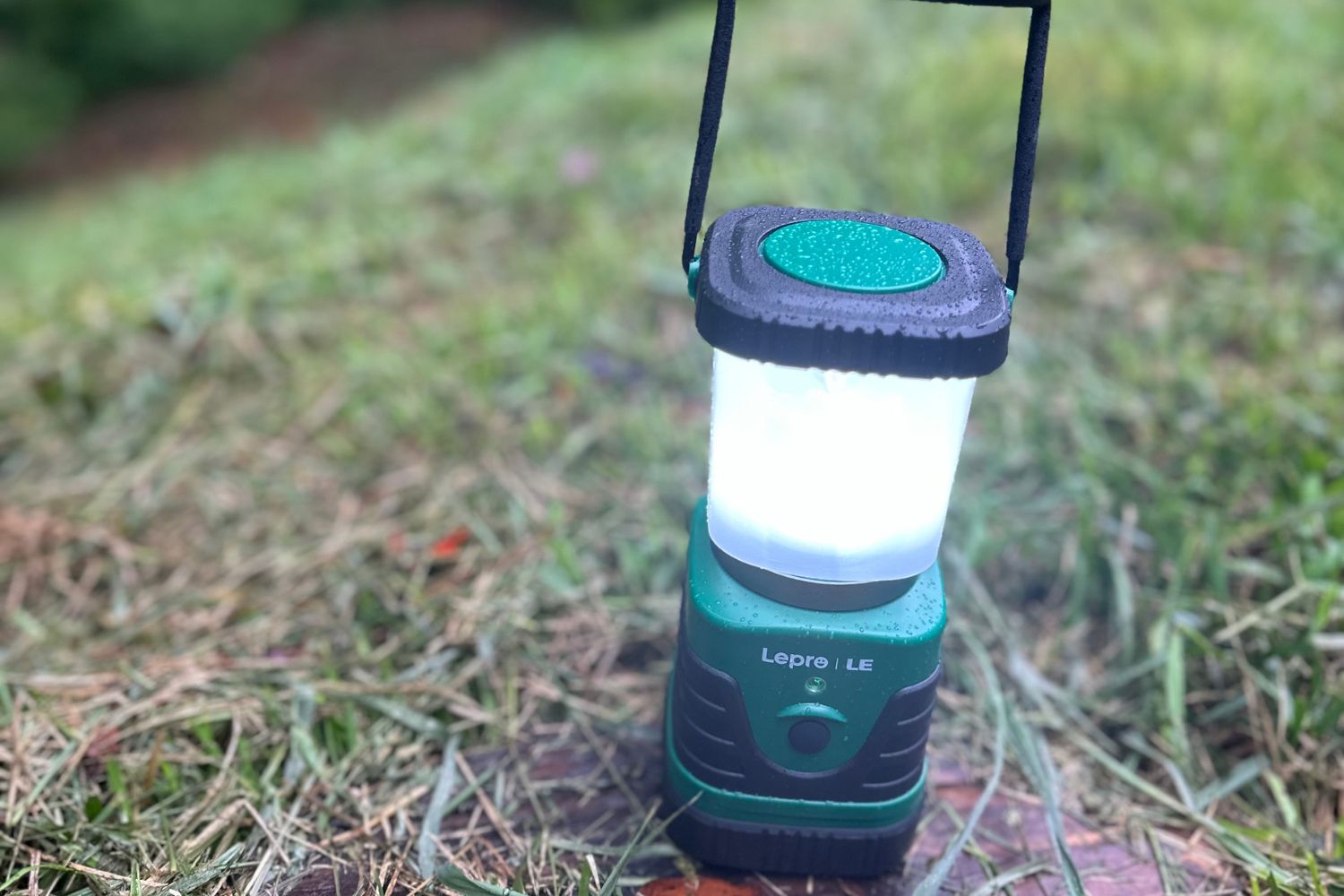 The Lepro LED lantern on a grassy spot in the woods