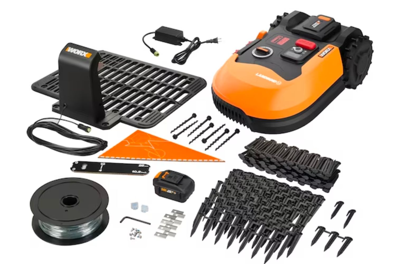 The Worx Landroid M robotic lawn mower pictured with all its accessories
