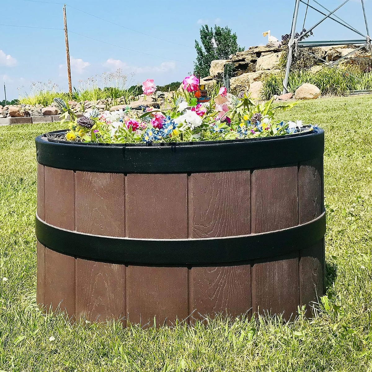 Plastic barrel flower planter