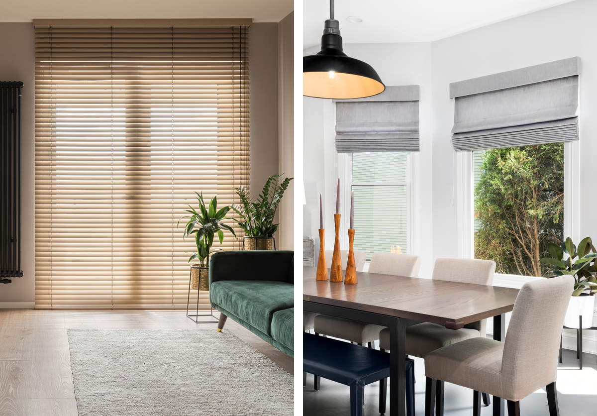 split image showing blinds and shades as window treatments