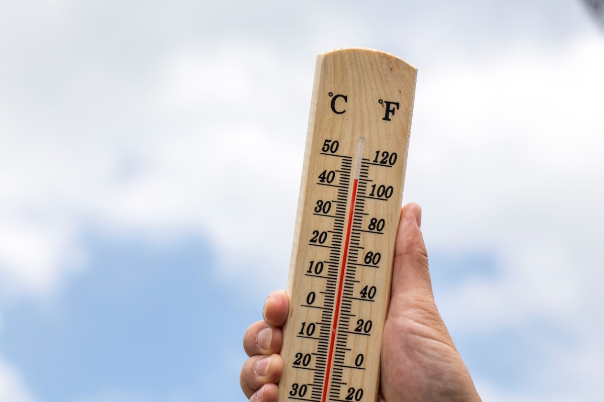 Person holding thermometer outside