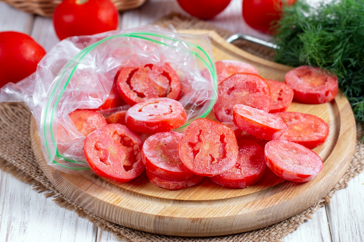 Frozen sliced red tomatoes