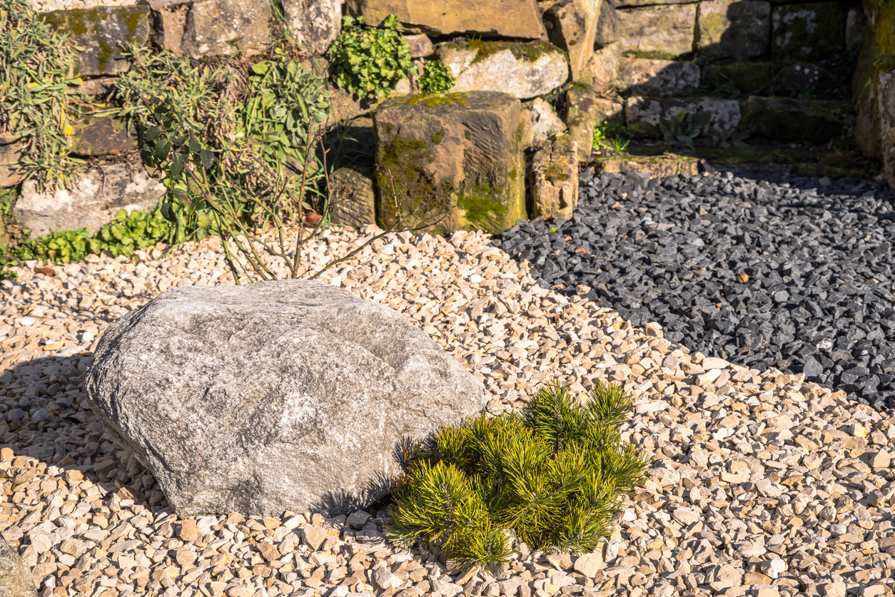 Crushed stone rock garden with boulders and green shrubs.