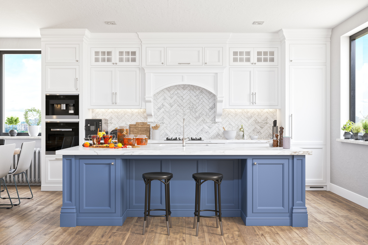 white-kitchen-with-wood-flooring-and-grey-blue-painted-island