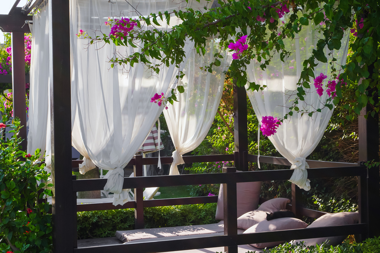 Wooden gazebo in garden with sunbeds, cushions and curtains,
