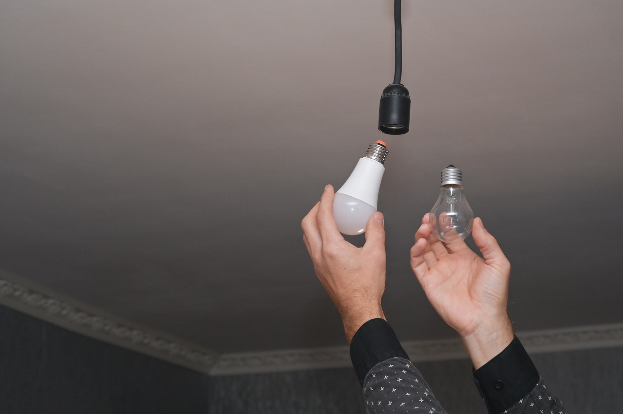 The concept of energy saving. incandescent lamp and energy-efficient LED lamp in your hands.