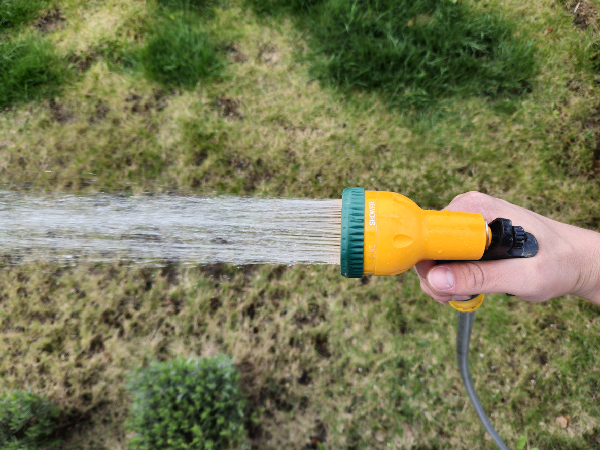 Closeup of a hand holding a yellow sprinkler watering dry grass