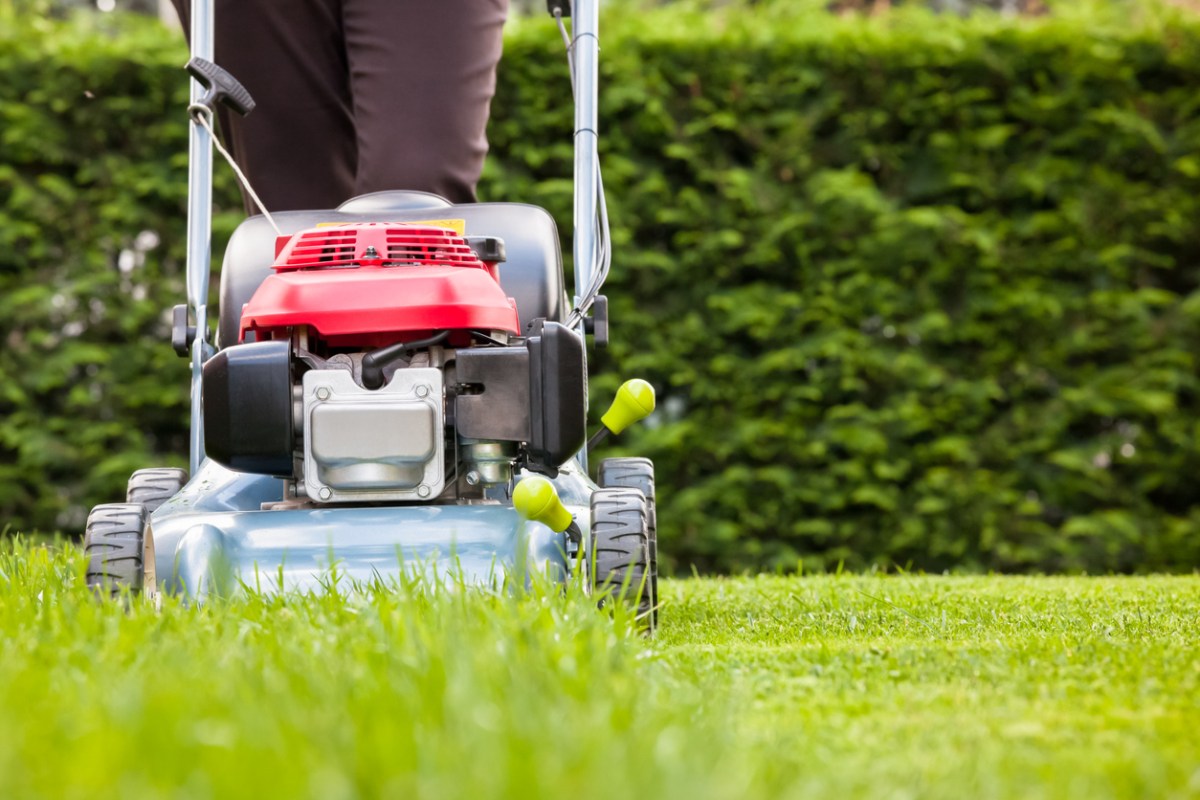 view of front of lawn mower with legs of person mowing the lawn