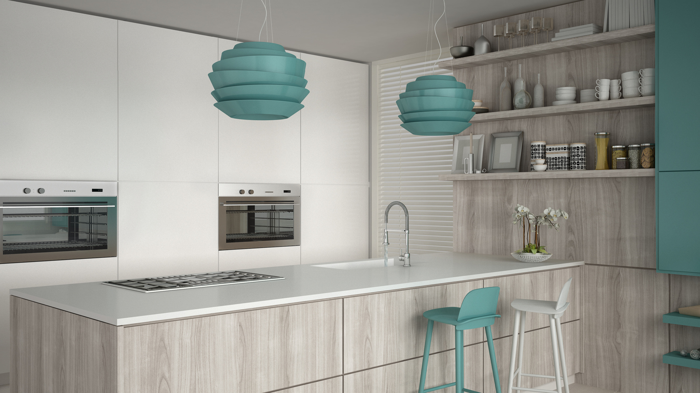 white-and-light-grey-kitchen-with-aqua-light-fixtures-and-bar-stool