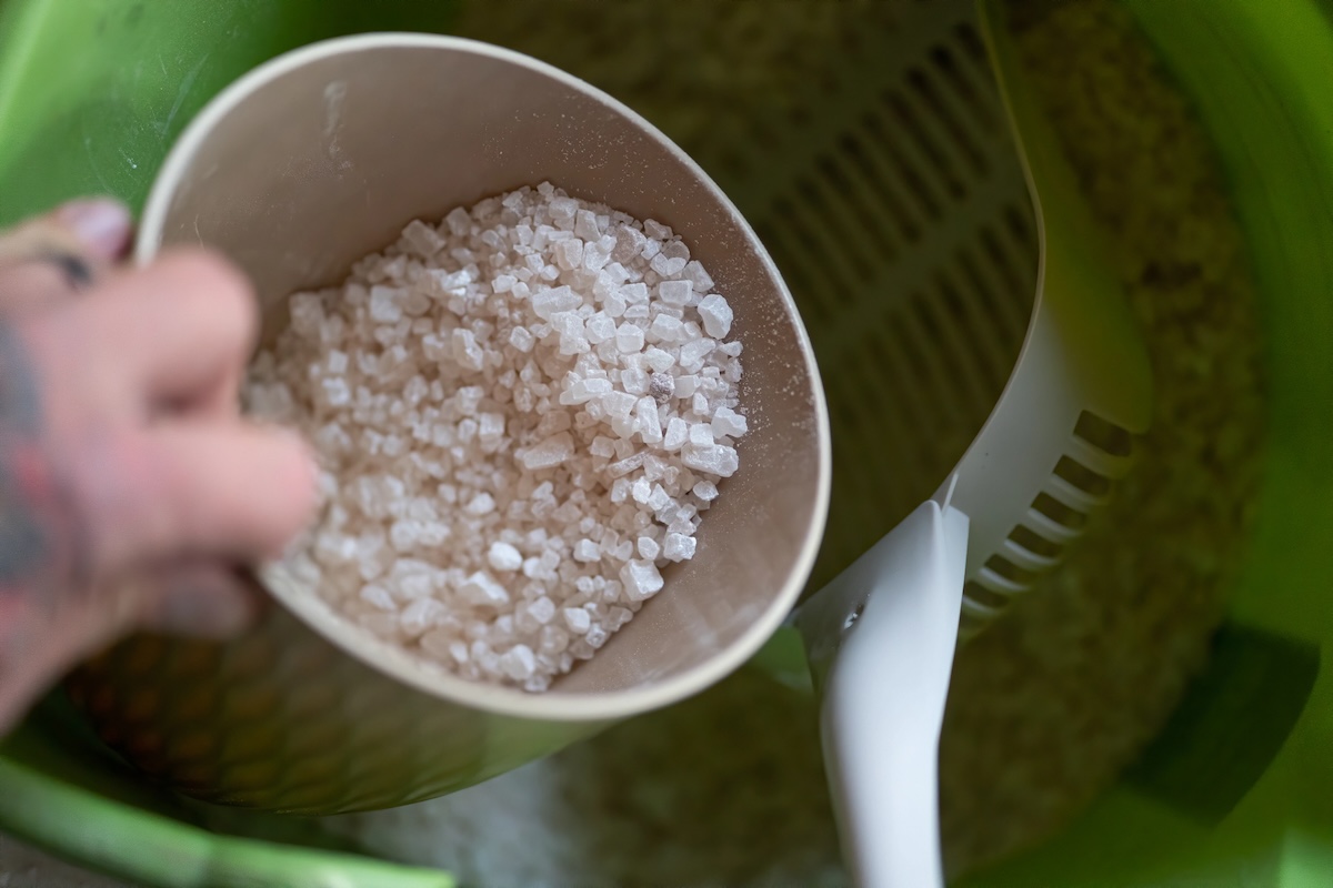 A bucket of rock salt sits in a house for dehumidifying purposes.