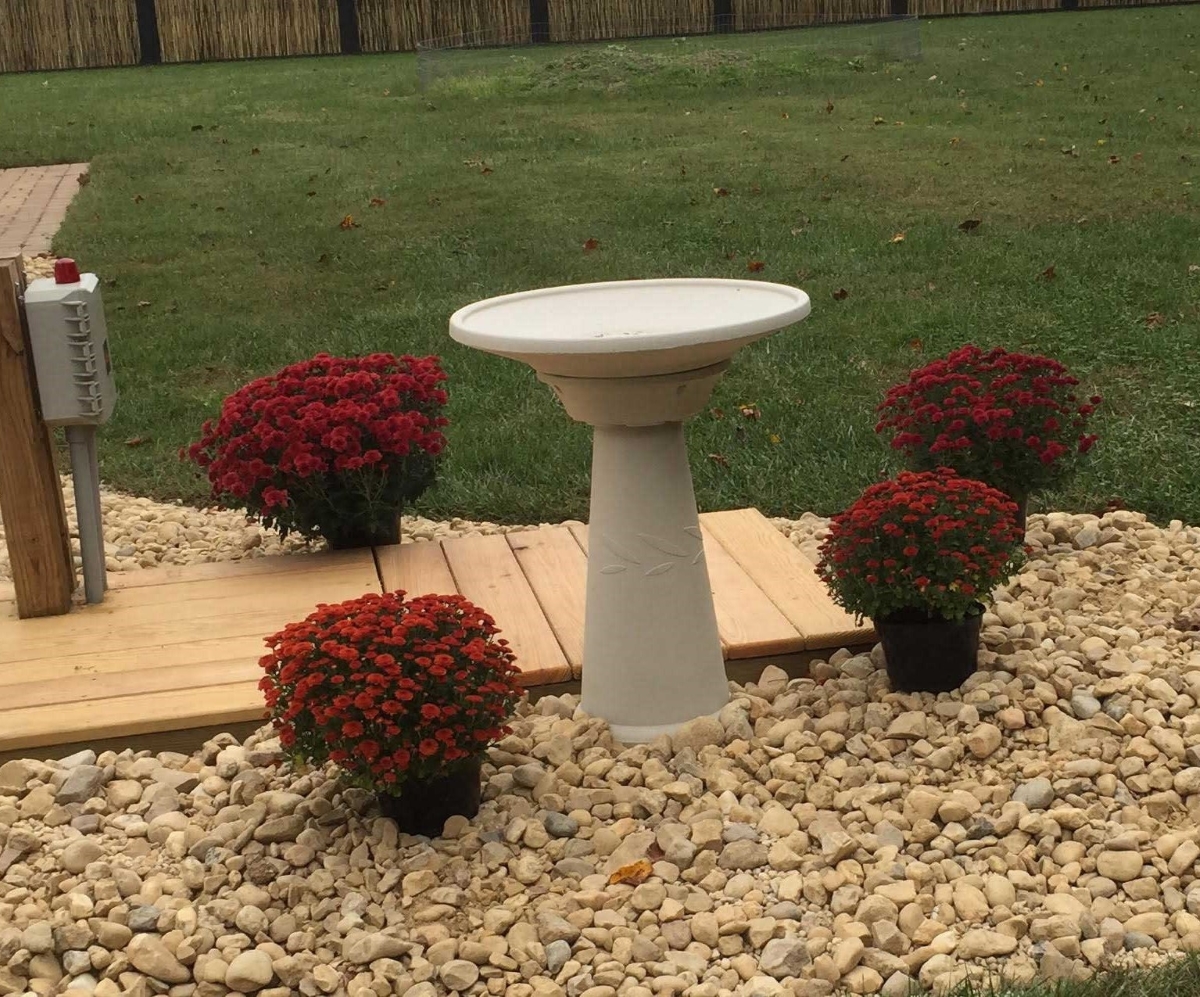 A bird bath decorative septic vent cover surrounded by four pots of mums and a wood-planked walkway.
