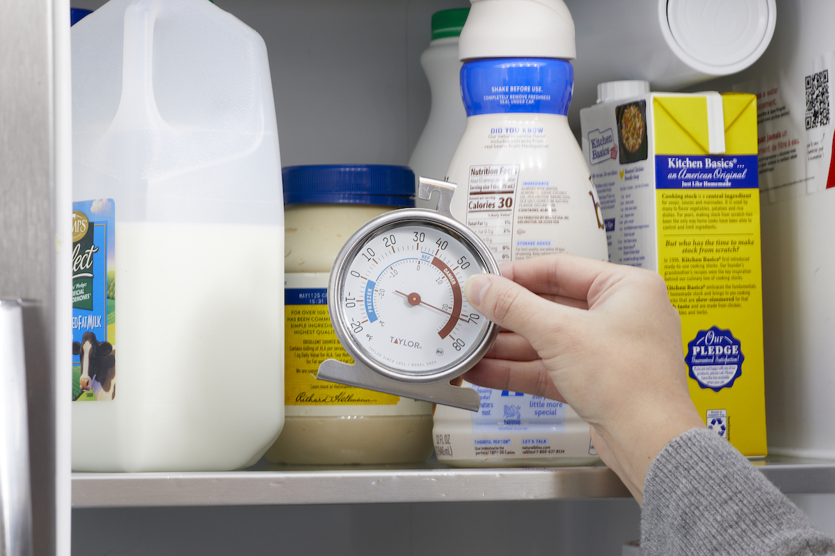 Woman places a metal thermometer on the shelf of her refrigerator, with food and milk containers in the background.