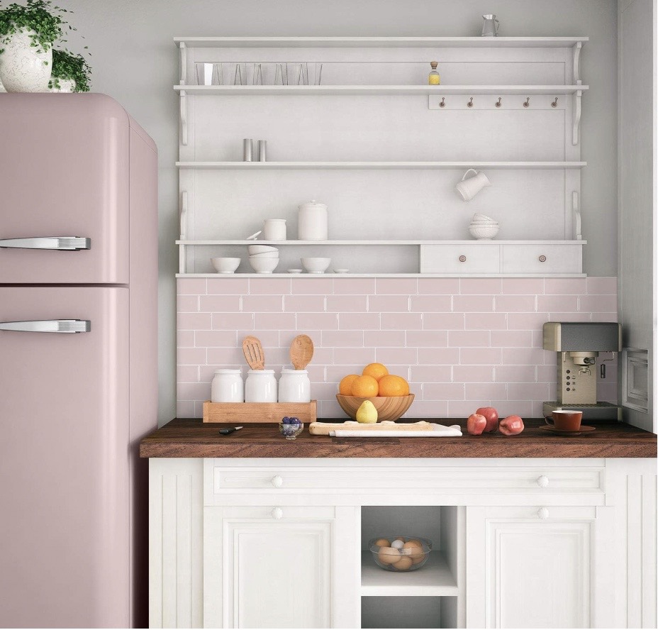 white-kitchen-with-pink-refridgerator-and-pink-peel-and-stick-tile-backsplash