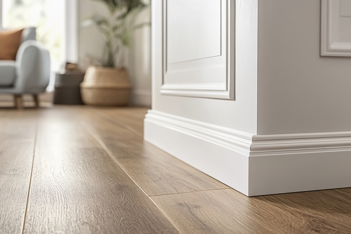 Modern living room corner with wooden flooring and decorative baseboard.
