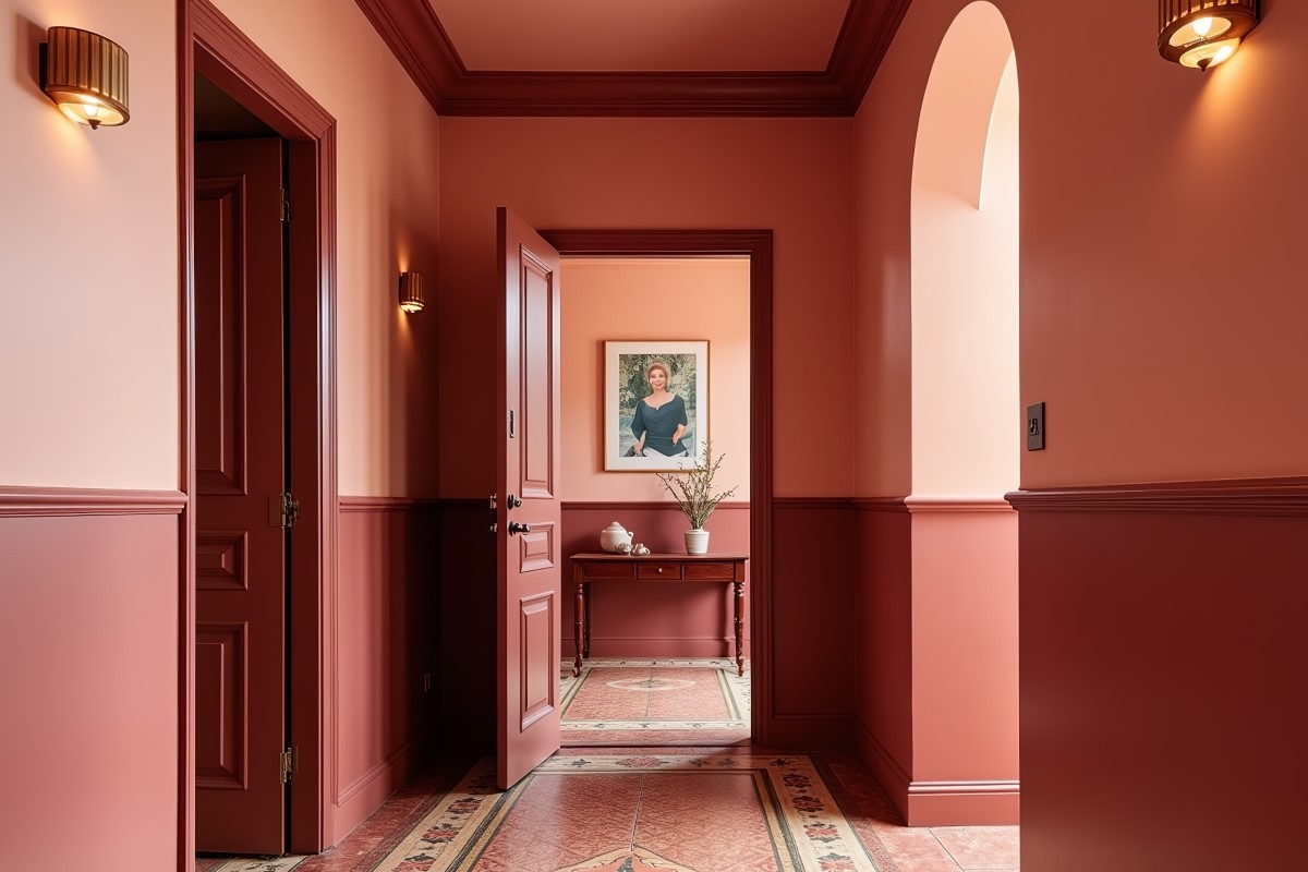 Patterned hallway with red tones and many moldings.
