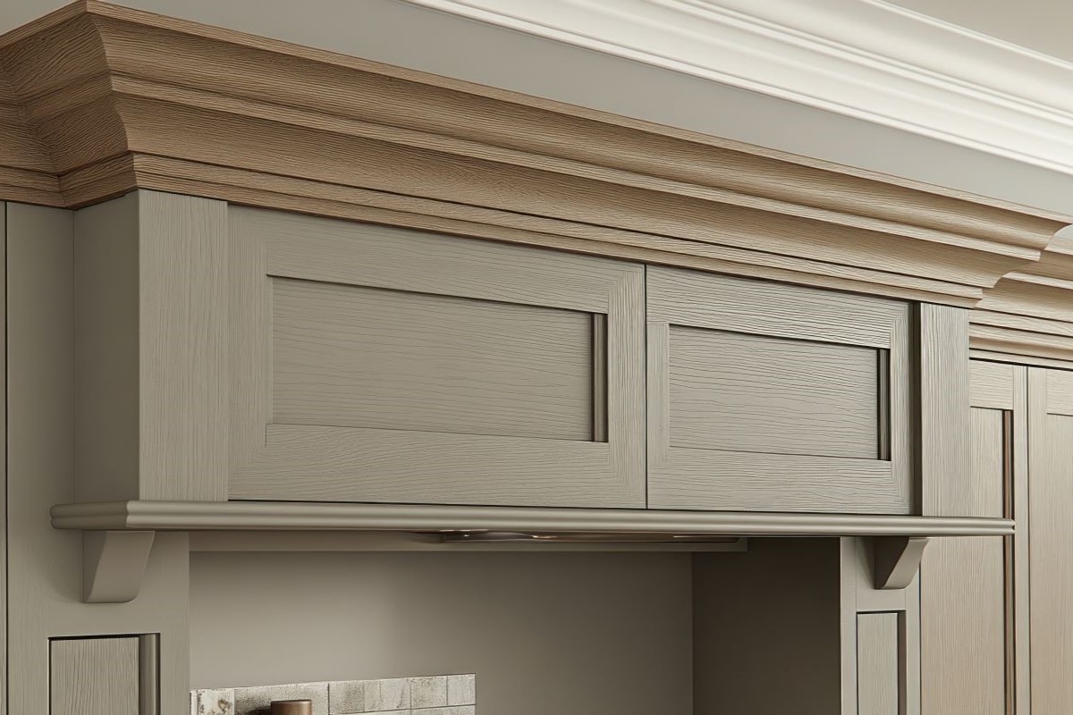 Light gray kitchen cabinet with decorative crown molding.
