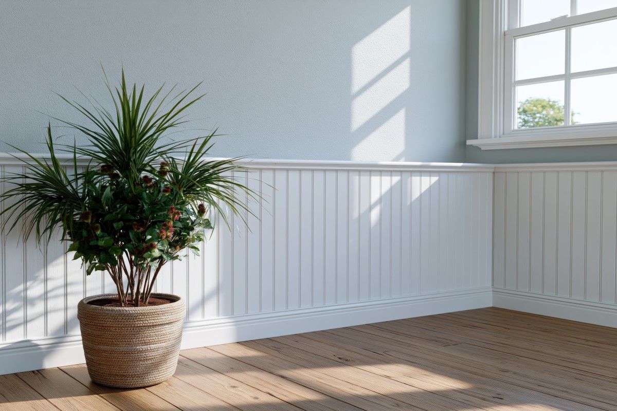 White beadboard wall featuring a classic chair rail trim and elegant vertical paneling.