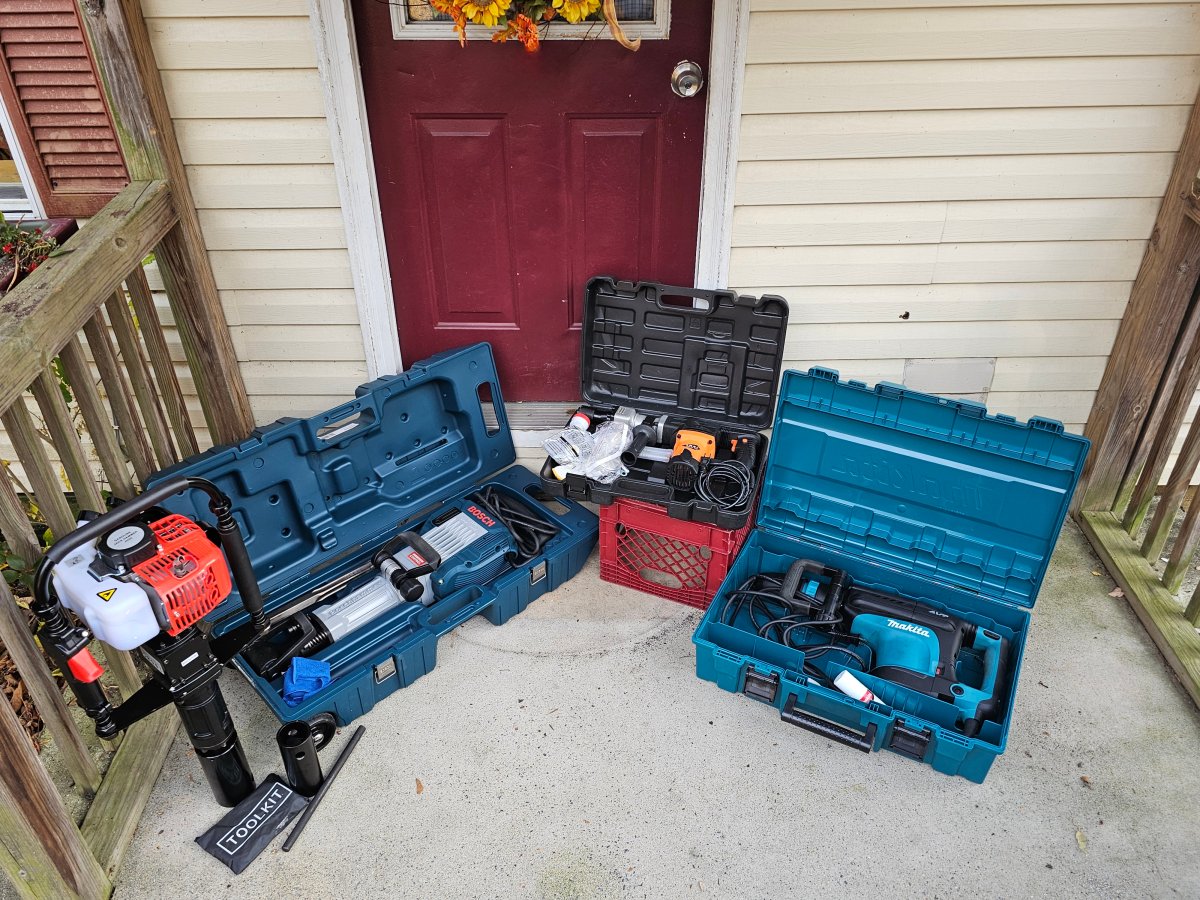 close-up from the best jackhammers options laid out on a patio