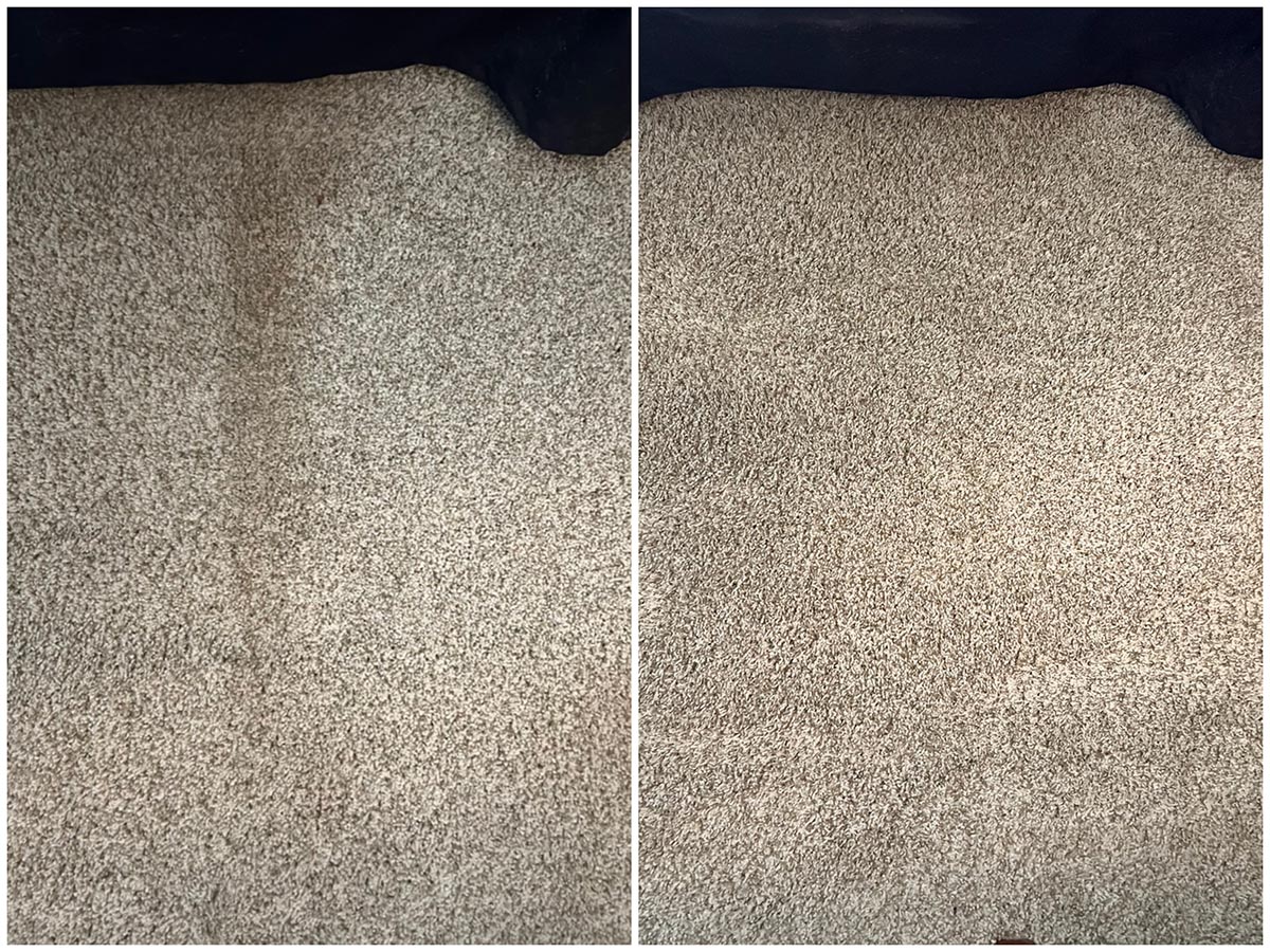 Before and after of dirty carpet and clean carpet after using the Bissell ProHeat 2X Revolution Pet Pro