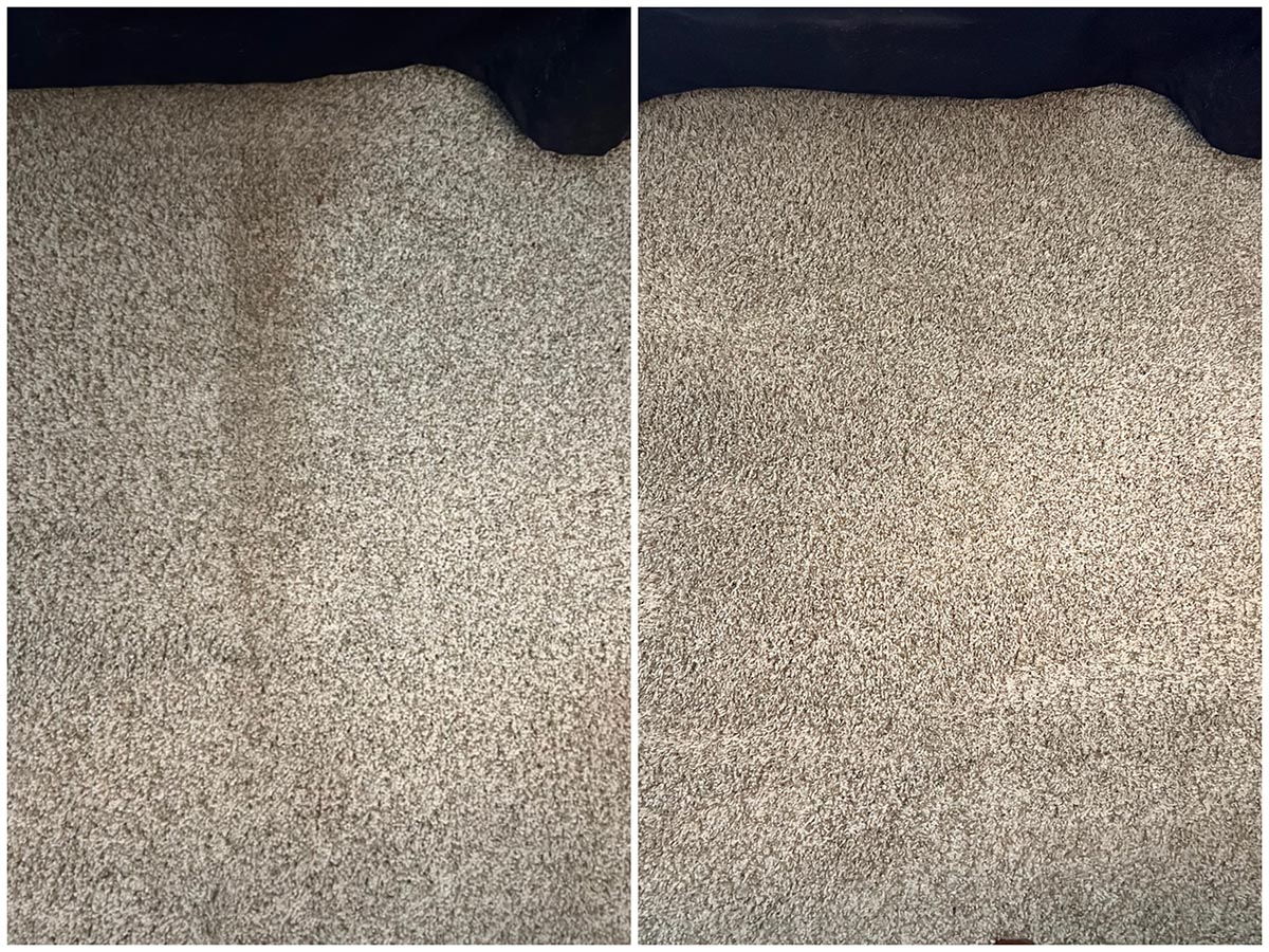 Before and after of dirty carpet and clean carpet after using the Bissell ProHeat 2X Revolution Pet Pro