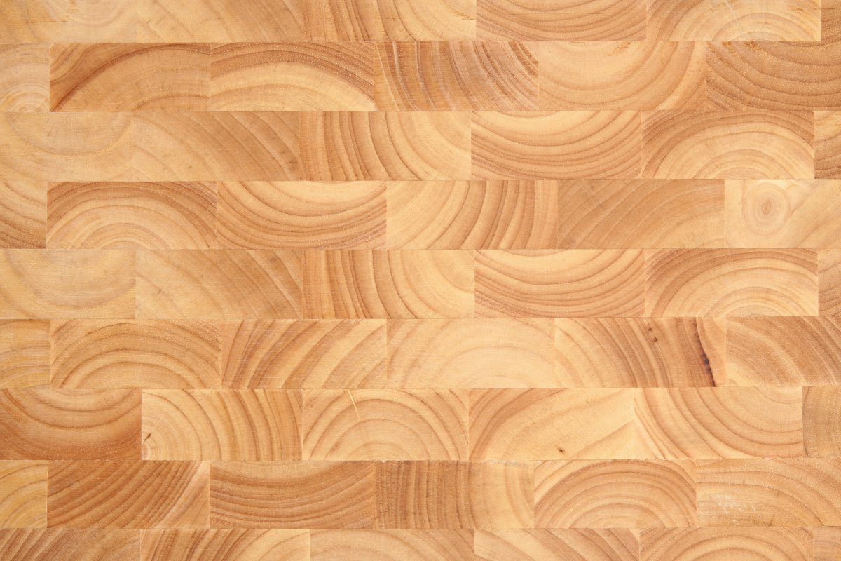 Top-down view of a butcher block countertop surface