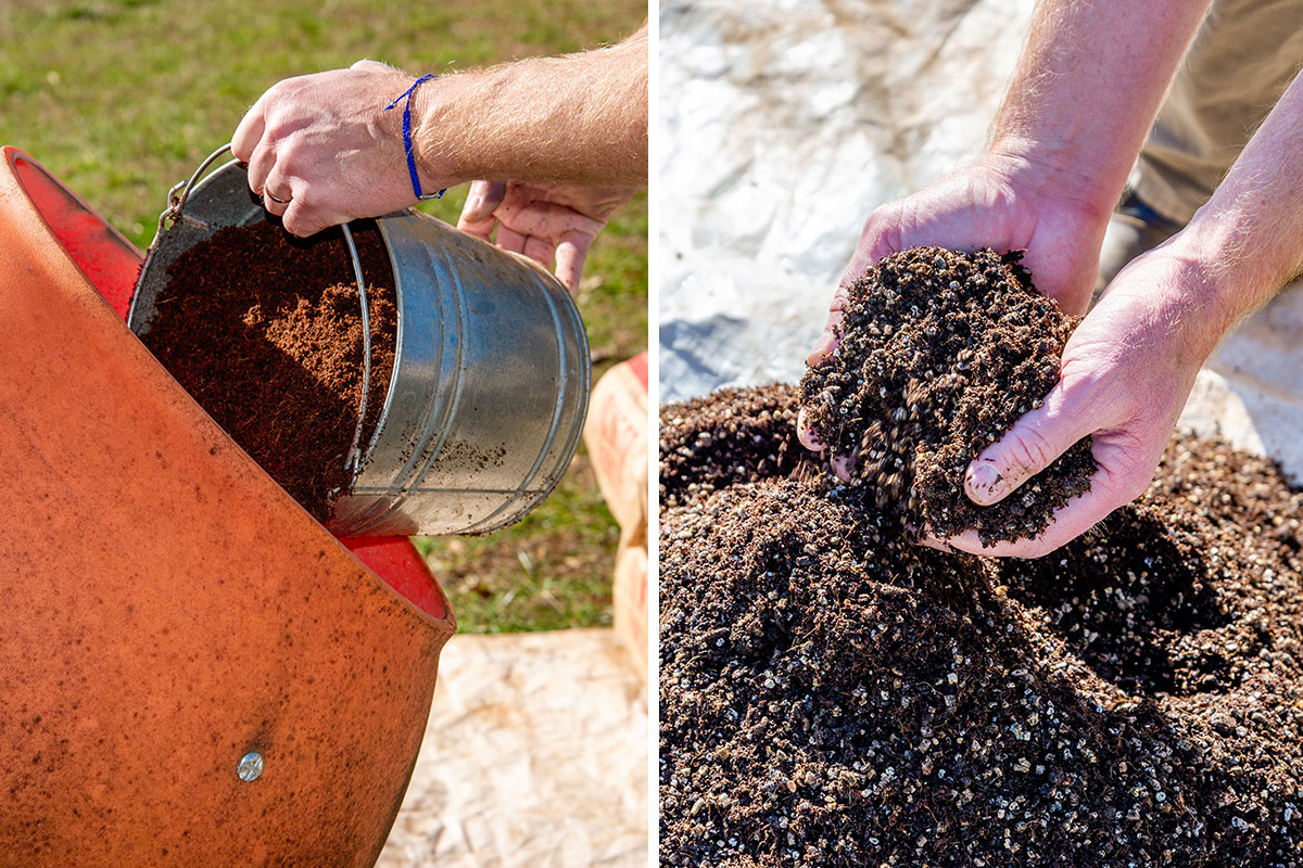 A person mixing a custom blend of potting soil using a small concrete mixer.