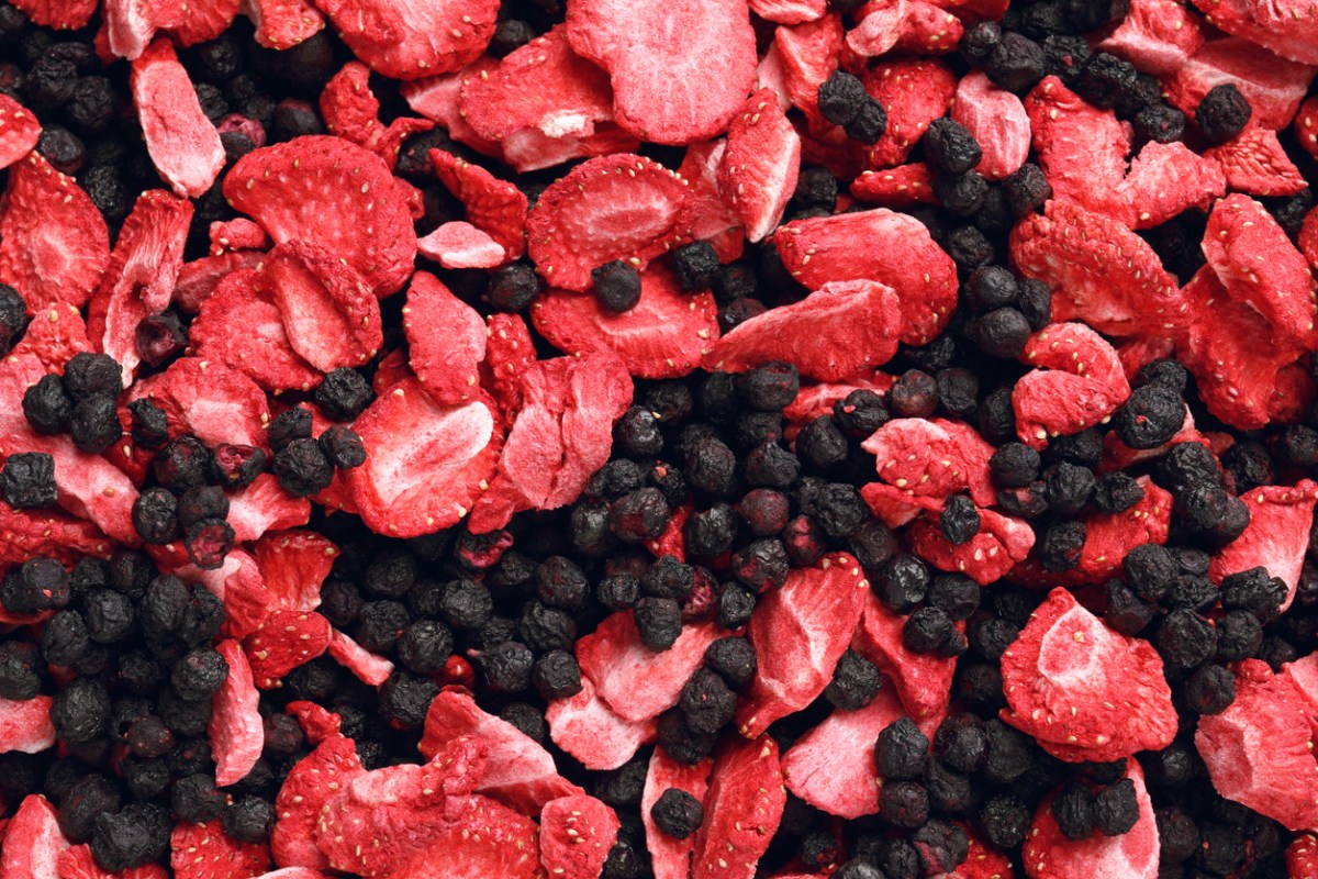 Closeup of freeze-dried strawberries and blueberries