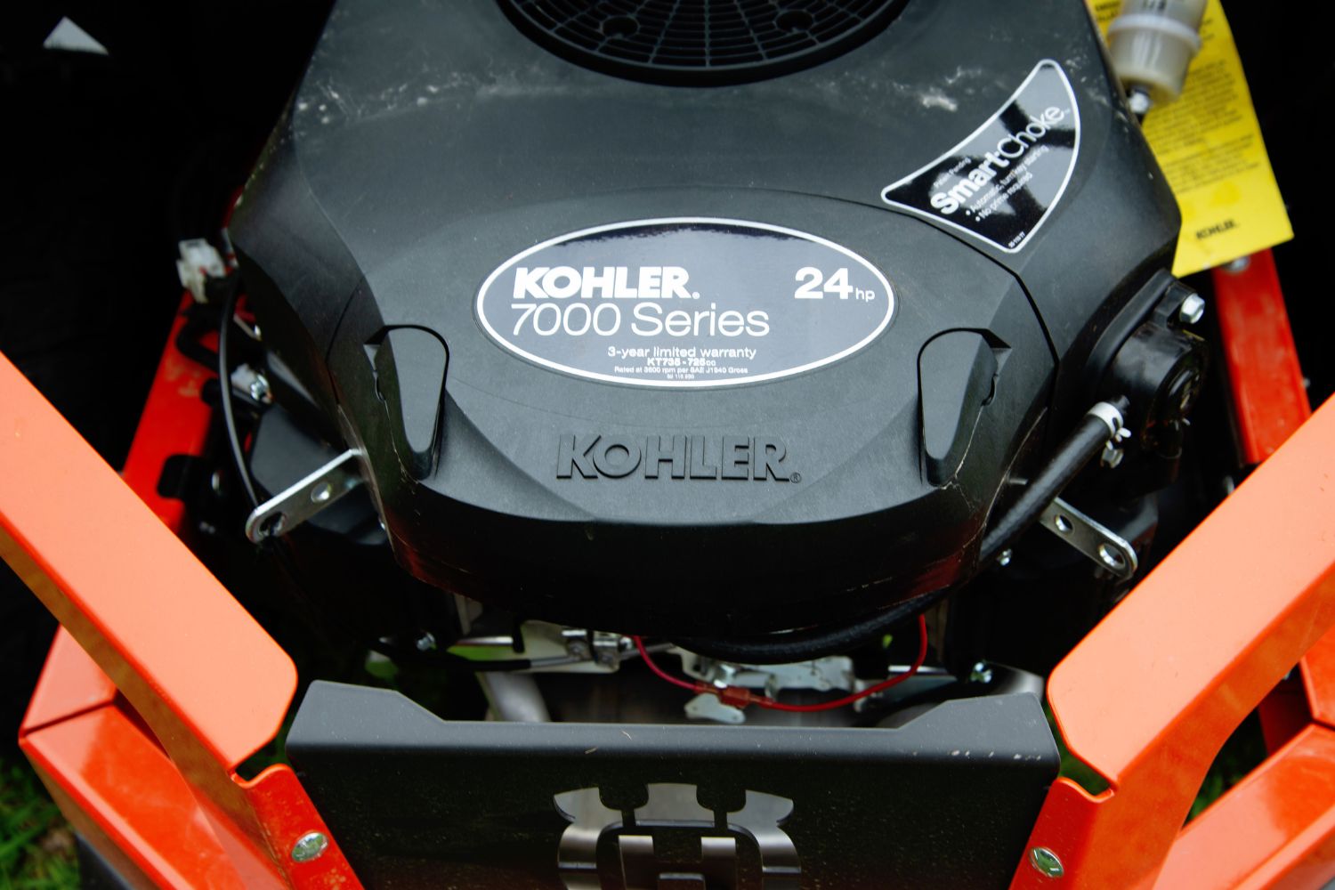 A close-up of the 24 hp 7000 series Kohler engine in the Husqvarna XCite 350 zero turn riding mower