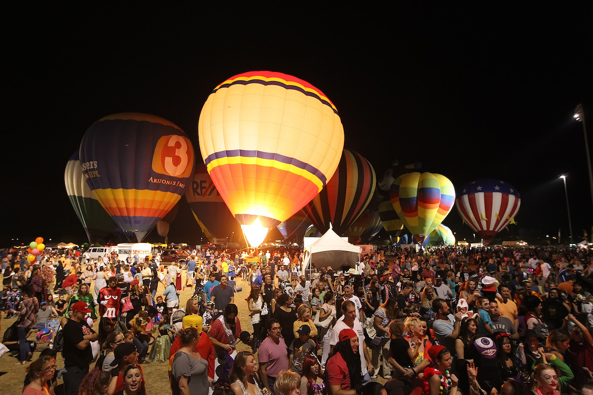Hot air balloons illuminated at Scottsdale's Spooktacular hot air balloon festival
