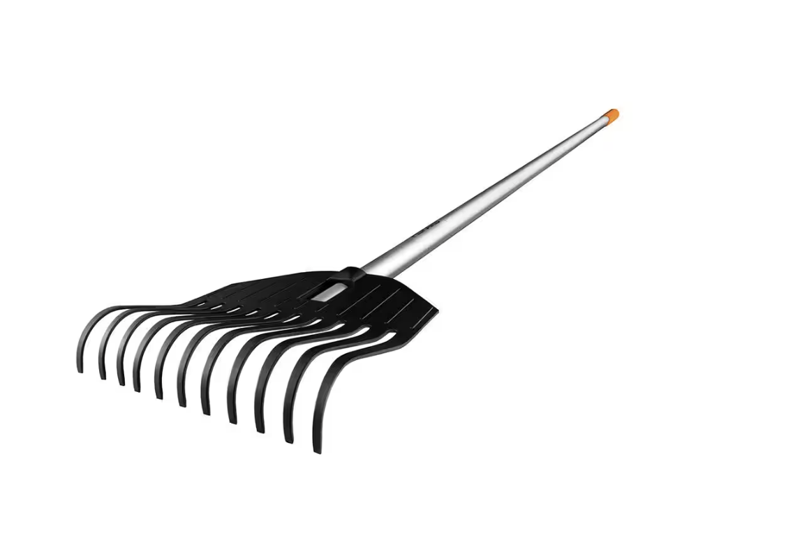 Fiskars 8-inch Shrub Rake with black rake and silver handle.