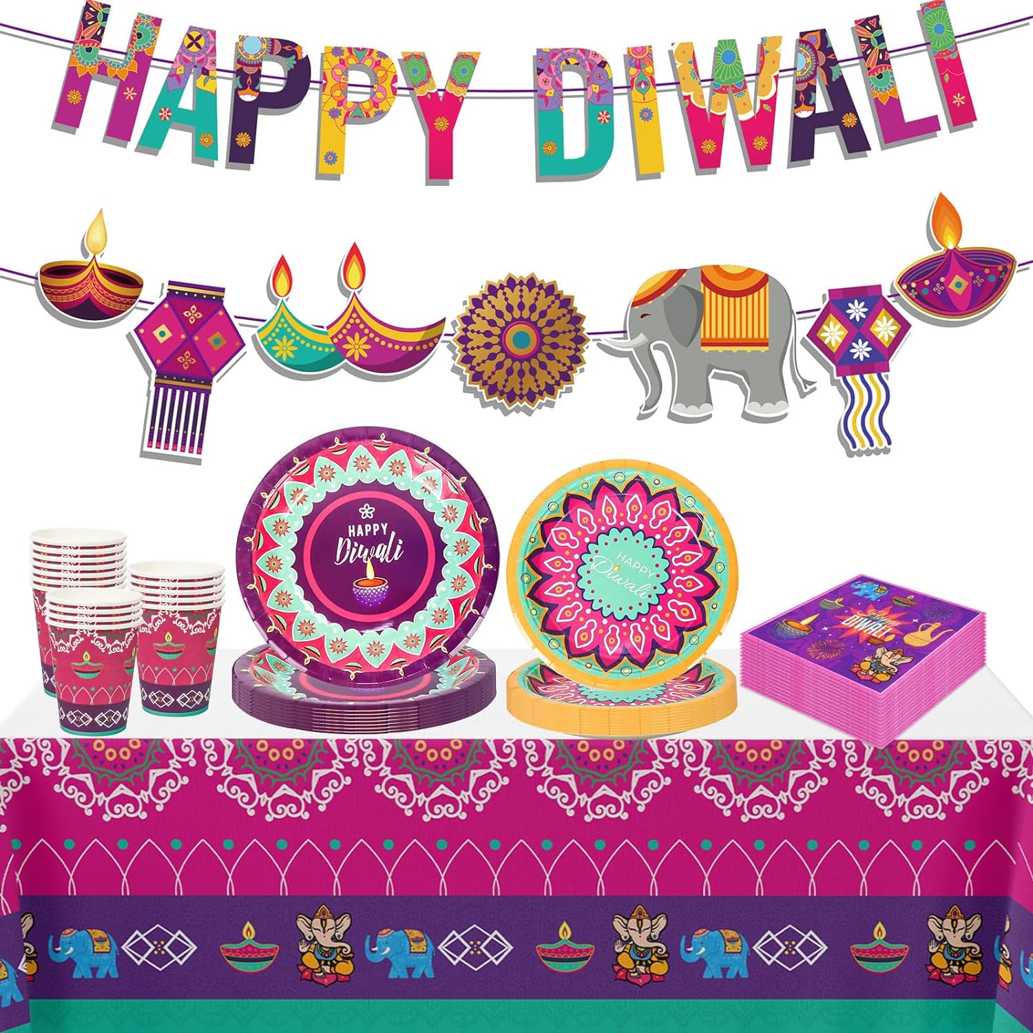 diwali-tableware-party-supplies-kit-for-16-people with colorful plates napkins and deocations
