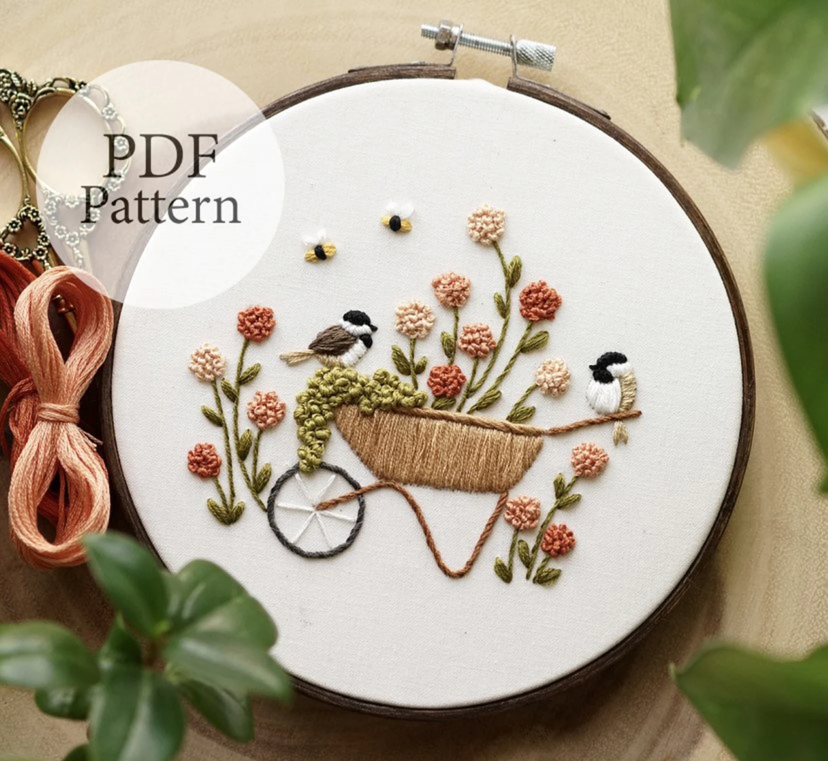 Bird and flower embroidery pattern