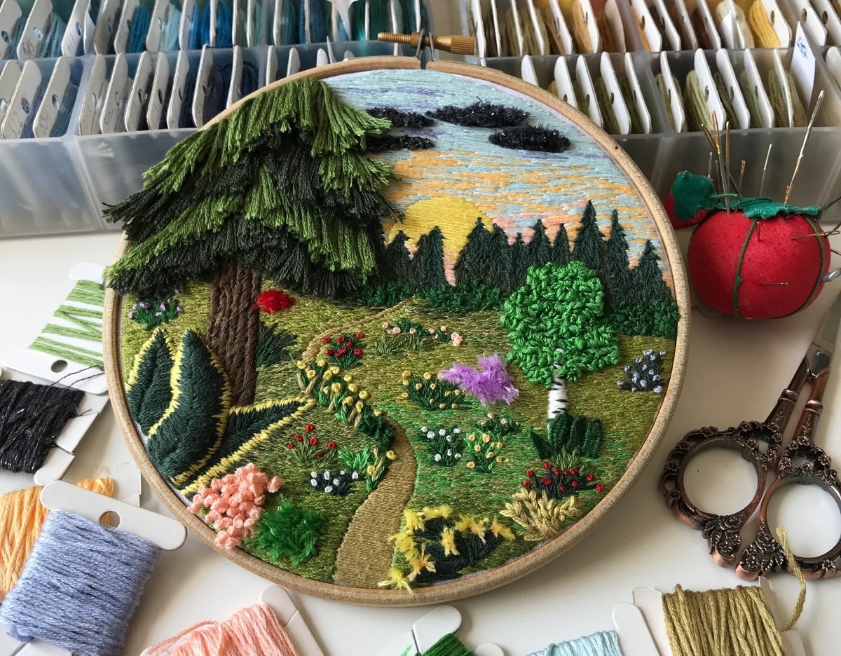Embroidered forest scene
