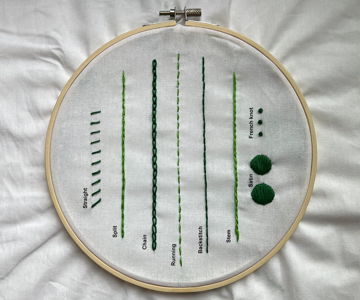 handmade embroidery project showing eight basic embroidery stitches