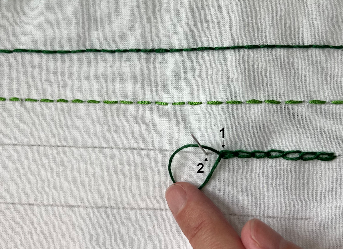 close up showing how to embroider a chain stitch using a needle and green embroidery floss
