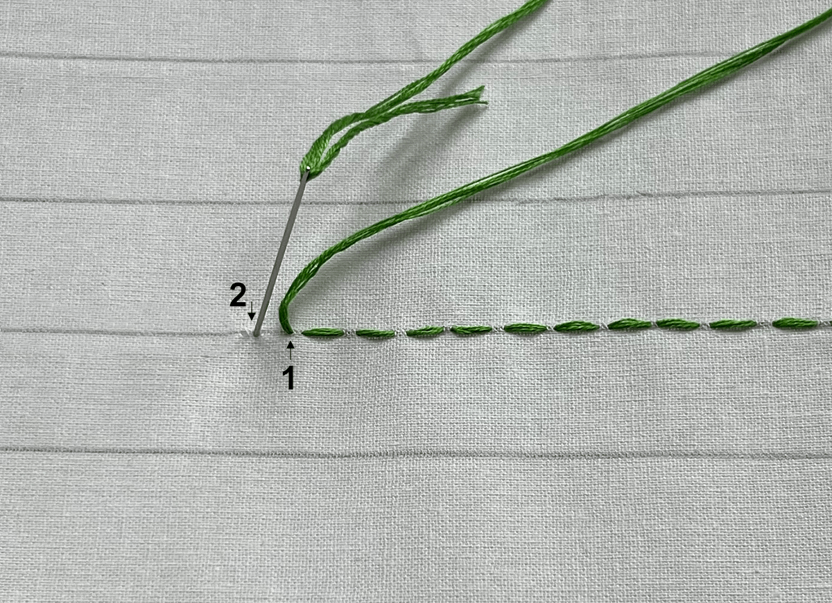 close up example of how to embroider a running stitch using a needle and green thread
