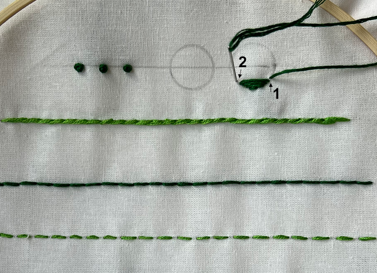 close up showing how to embroider a satin stitch using a needle and green embroidery floss