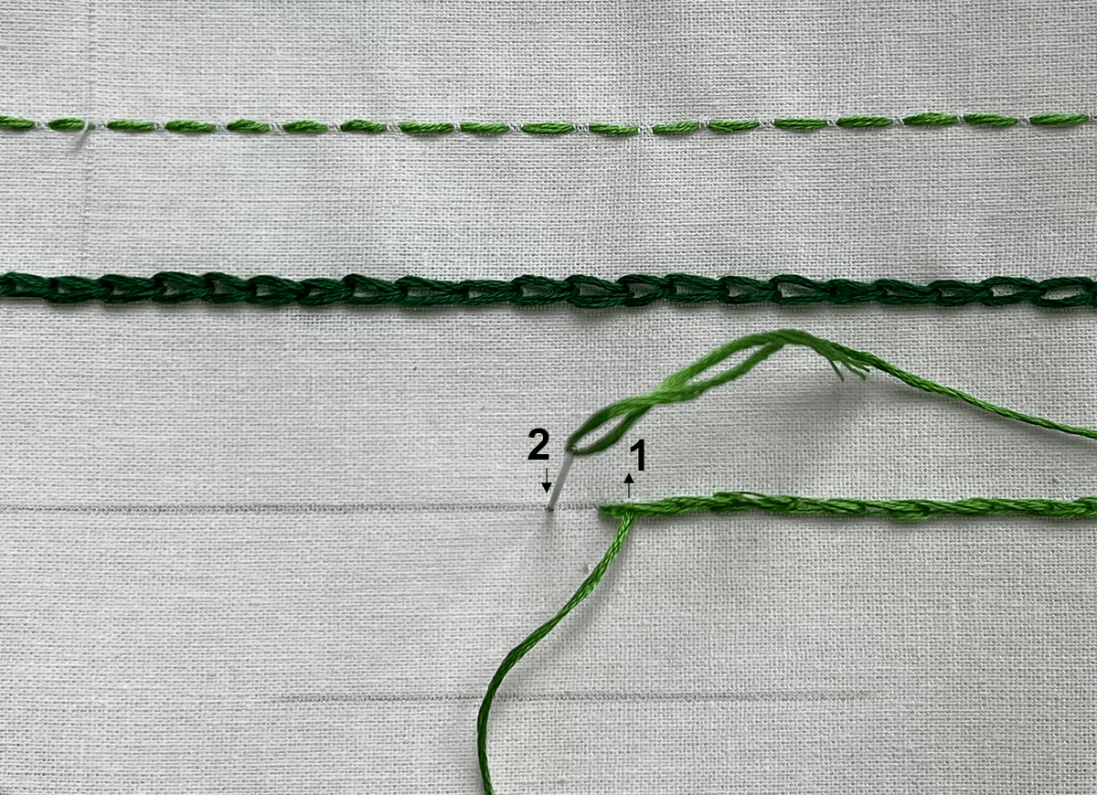 close up showing how to embroider a split stitch using a needle and green thread