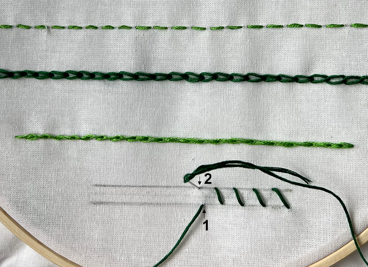 close up showing how to embroider a straight stitch using a needle and green embroidery floss