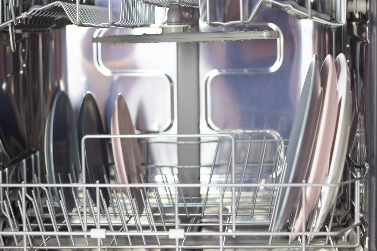 close view of dishwasher bottom rack with plates on either side