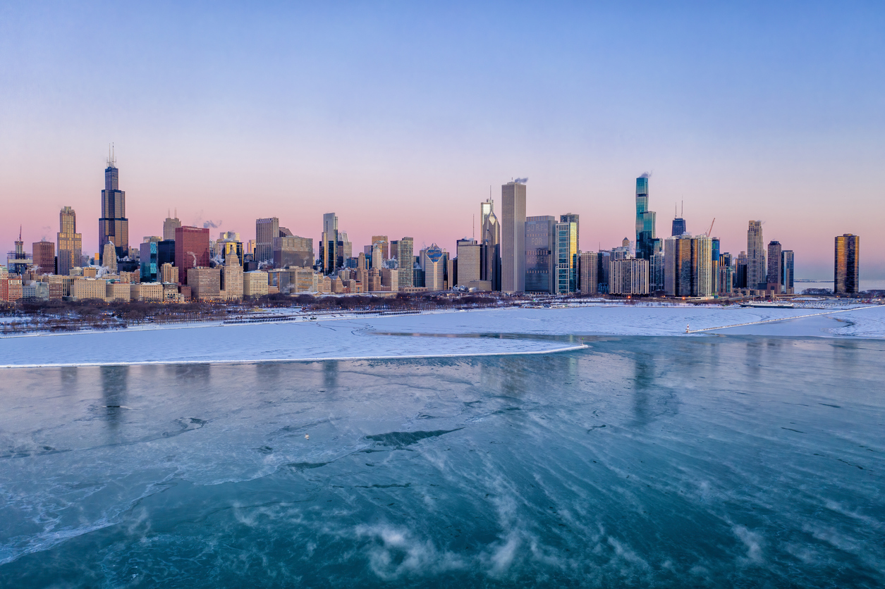 Chicago Cityscape During Polar Vortex with frozen lake