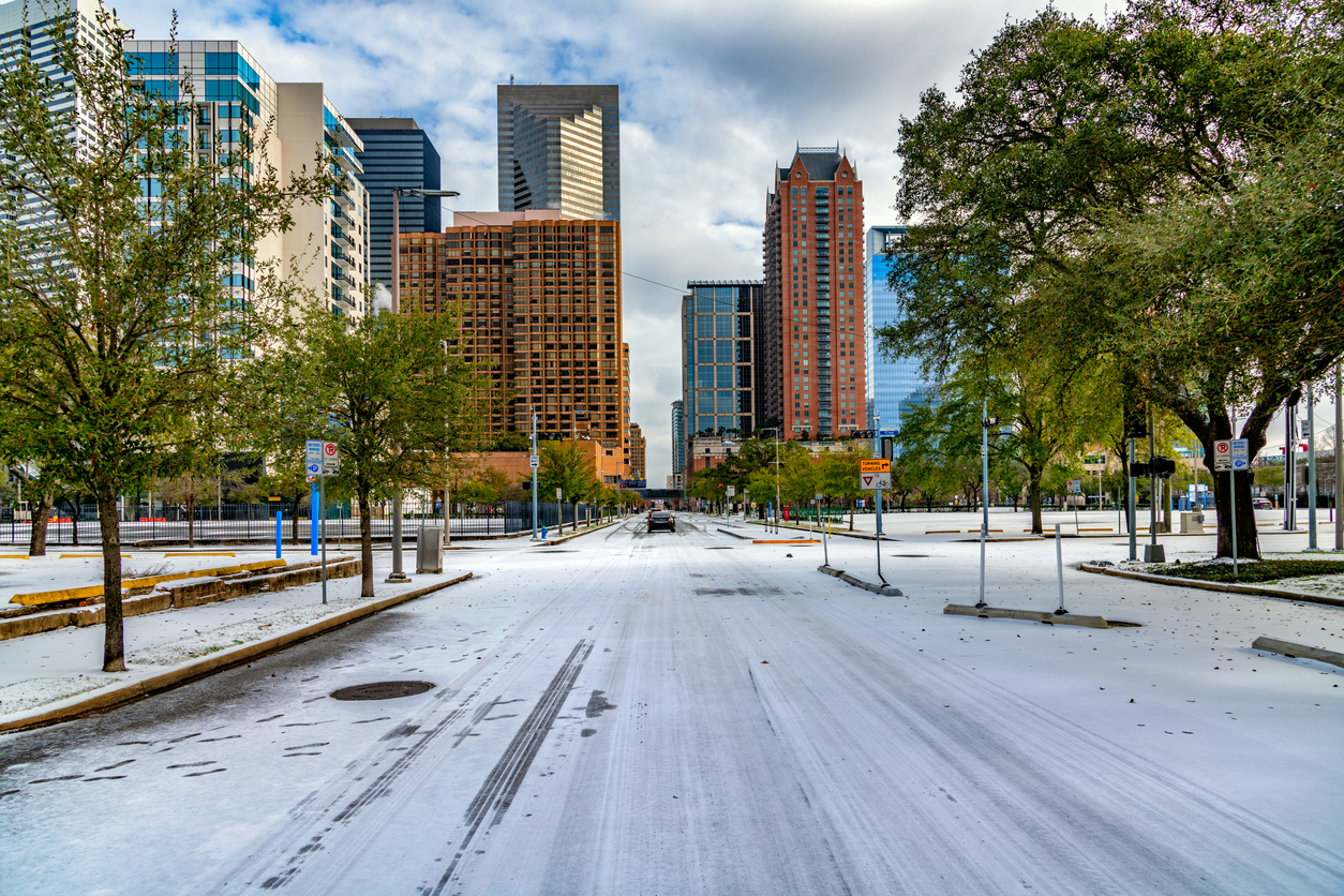The nearly deserted streets of downtown Houston as Winter Storm Uri unleashes record cold temperatures in southeast Texas.